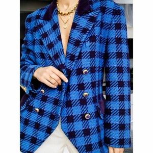 VTG Escada by Margaretha Ley Blue Checked Flecked Wool Double Breasted Blazer 10